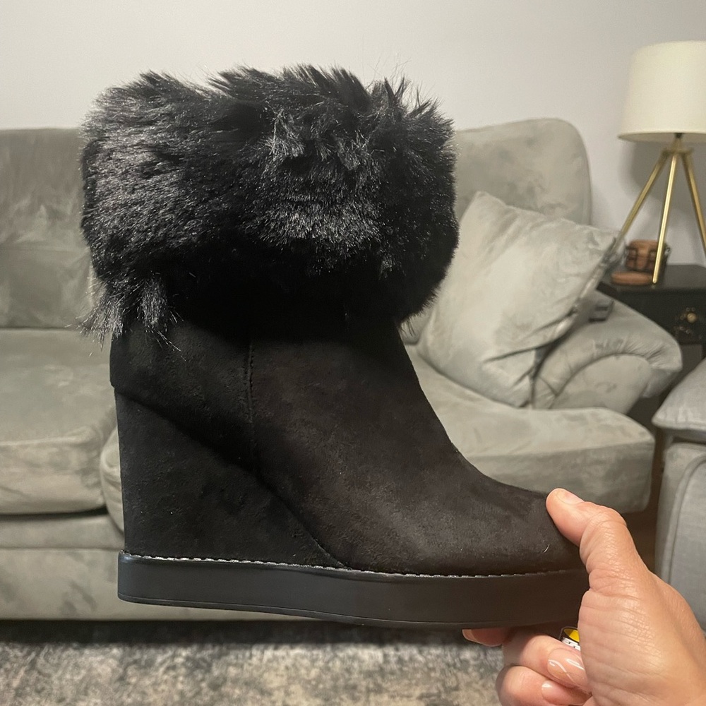 Black suede wedge booties